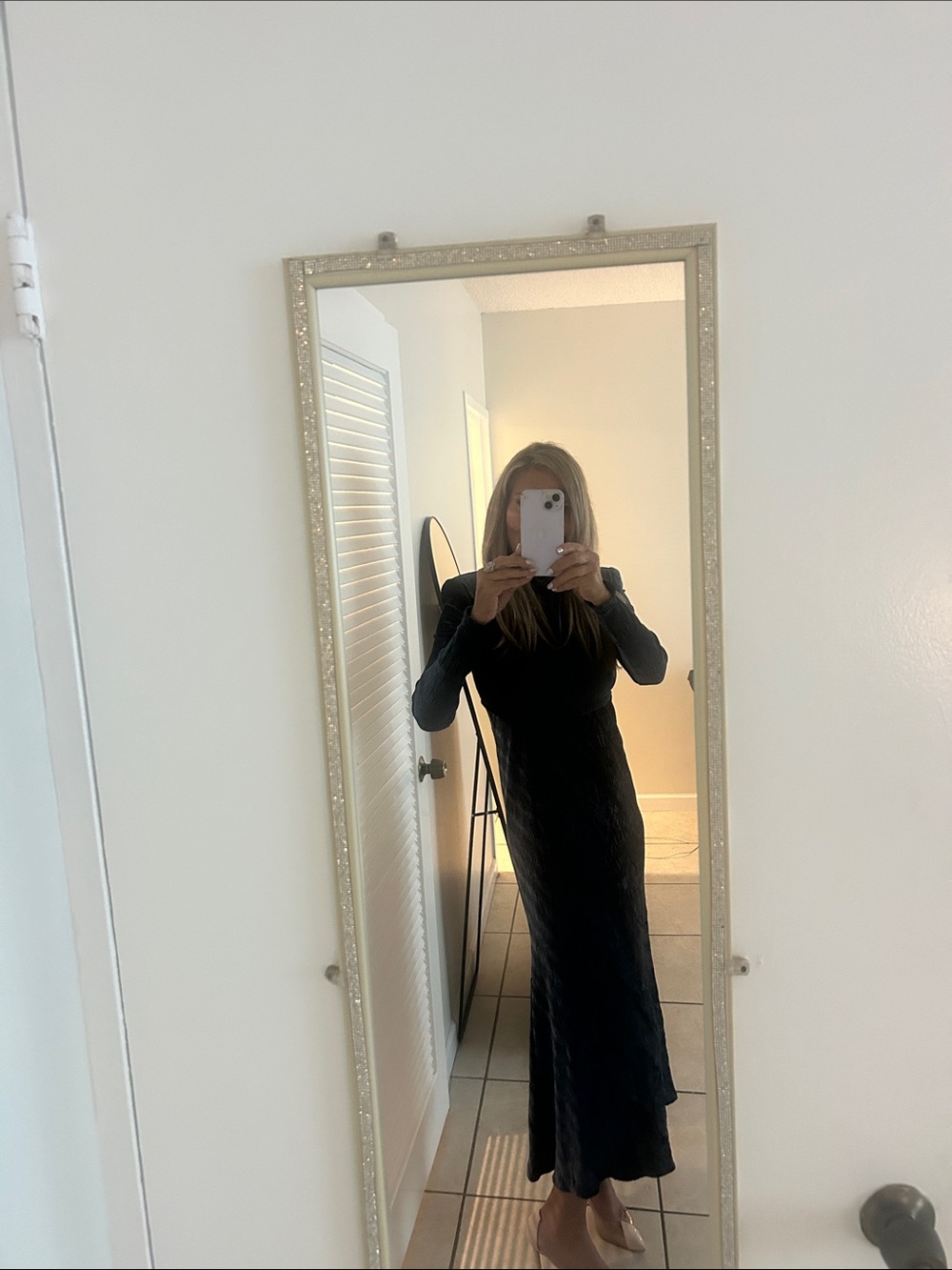 Bronx and Banco navy blue Velvet Maxi Dress with Long Sleeves